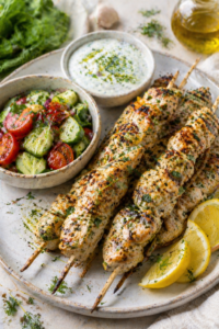 Garlic Yogurt Chicken Skewers with Salad