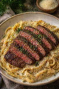 Steak Pasta with Garlic Sauce